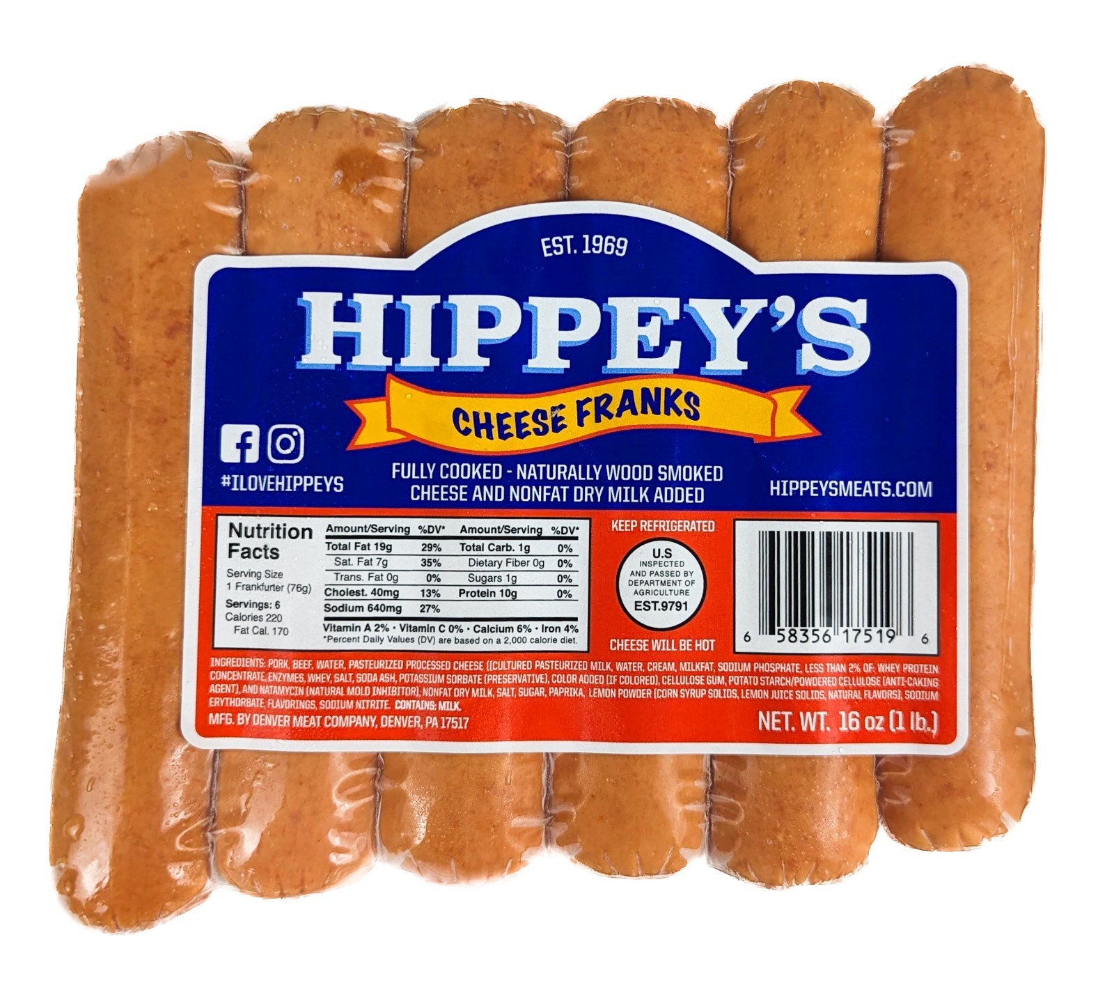 Hippey's Cheese Franks 1lb (Pack of 3)