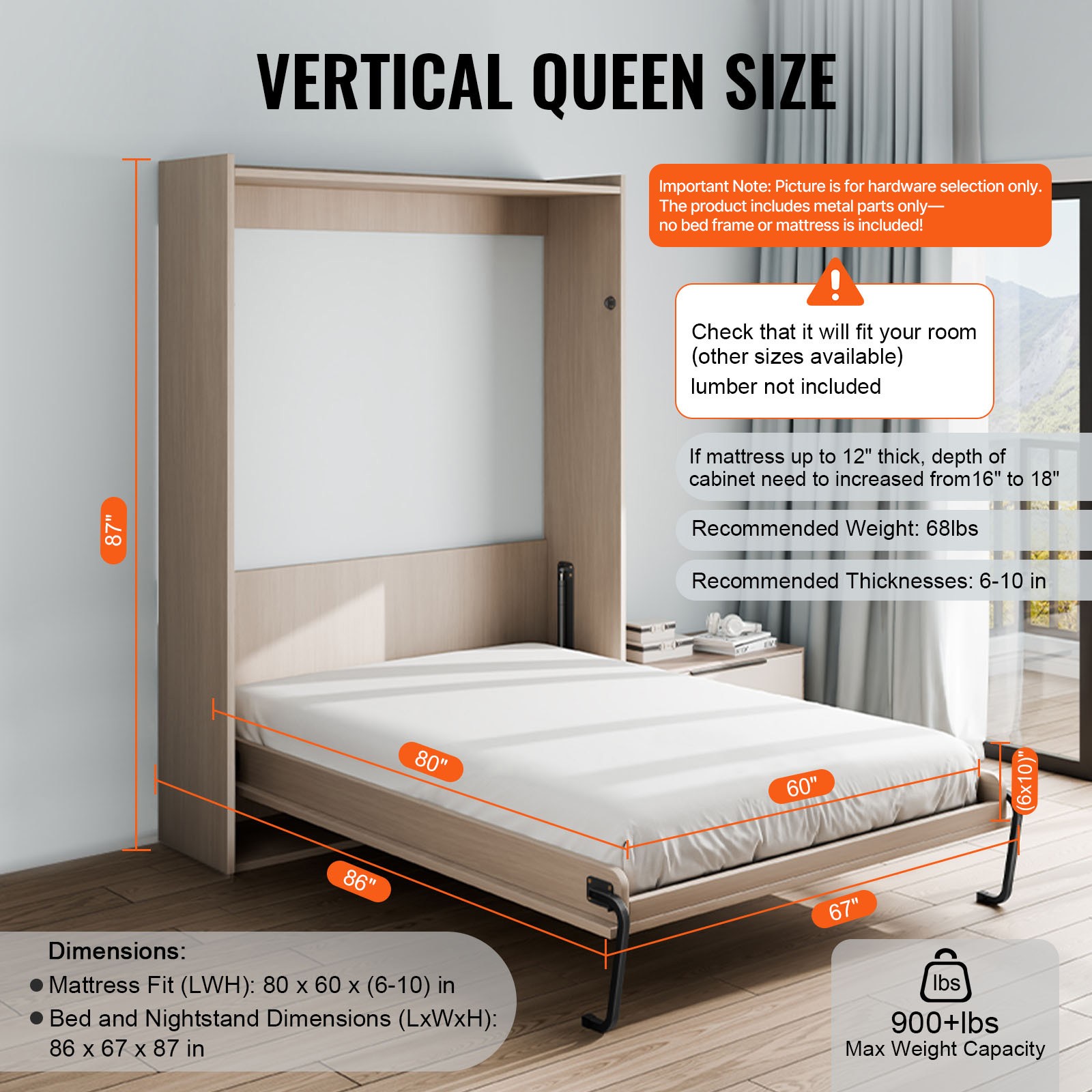 Uimoso Queen Size Vertical DIY Wall Bed Hardware Kit for Folding Murphy Bed
