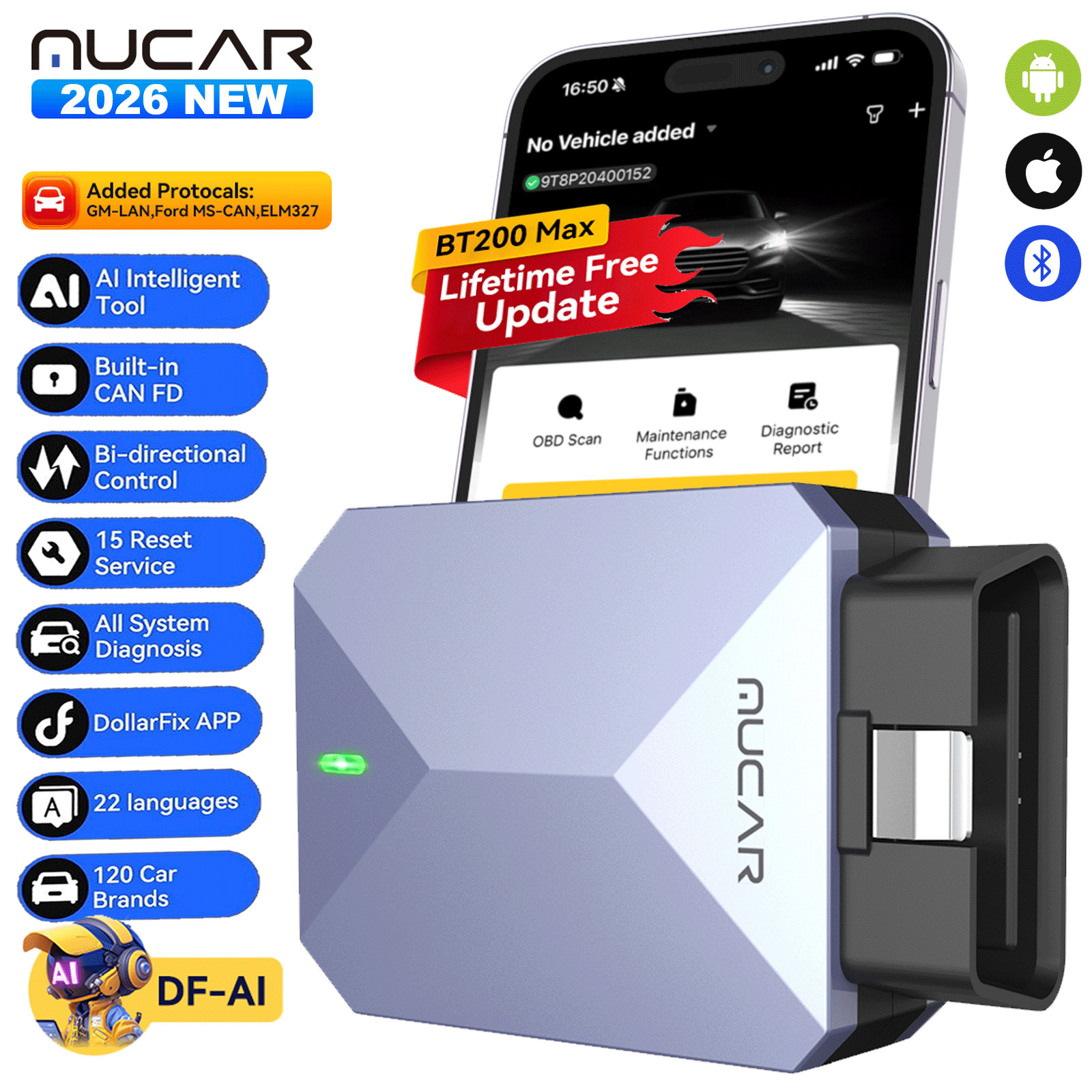 2026 MUCAR BT200 MAX OBD2 Scanner AI Diagnostic Tool Full System Scan 15+Resets