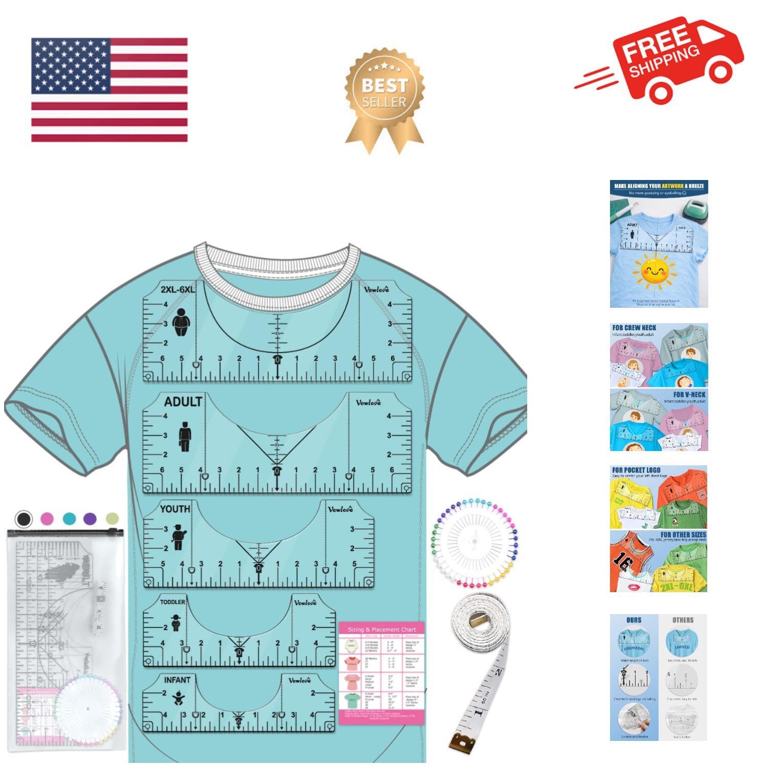 T-Shirt Ruler for Precise Alignment, Center & Left Chest Placement Tool for S...