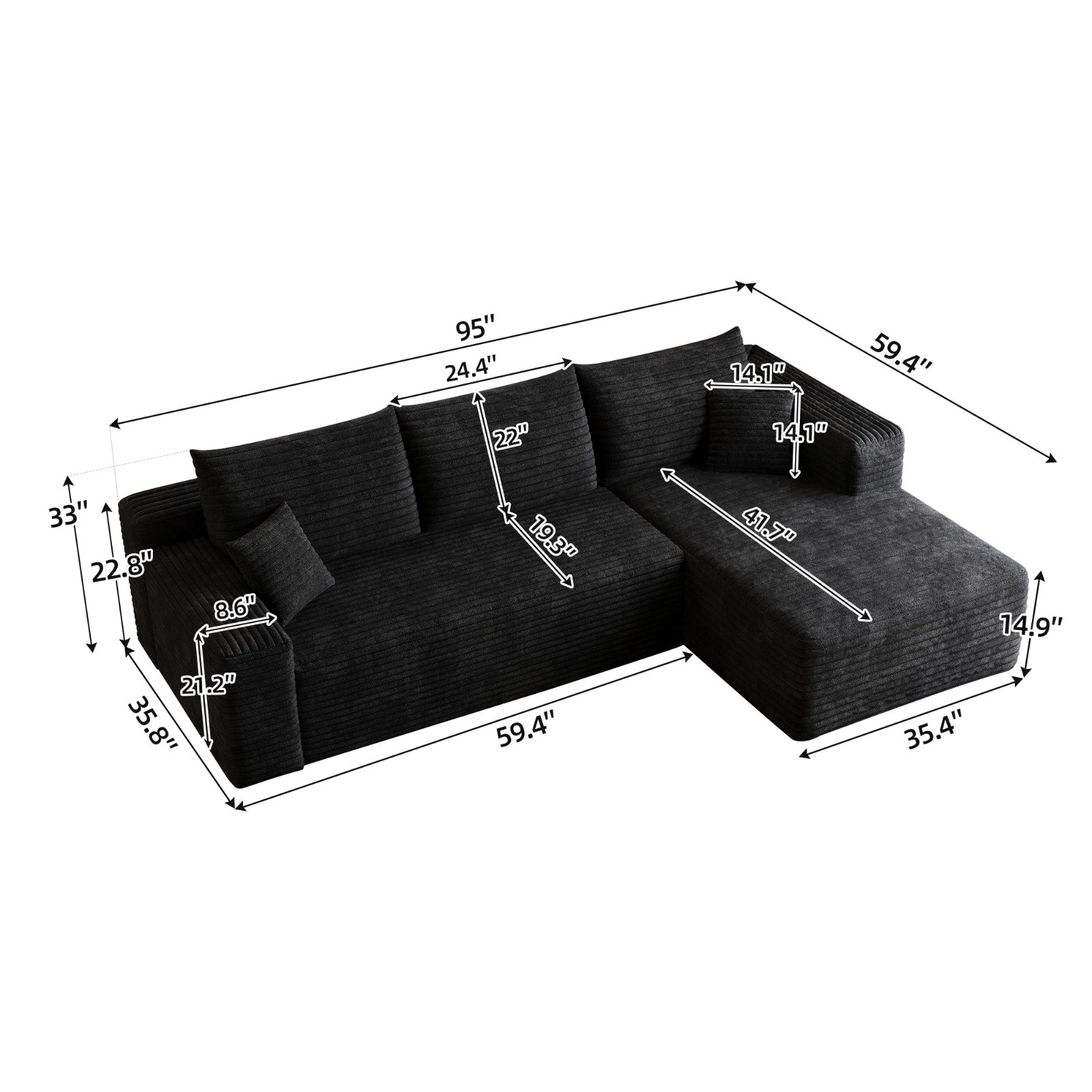 95" Cloud Sectional Couch with L-Shape Chaise Modular Corduroy Sofa Living Room