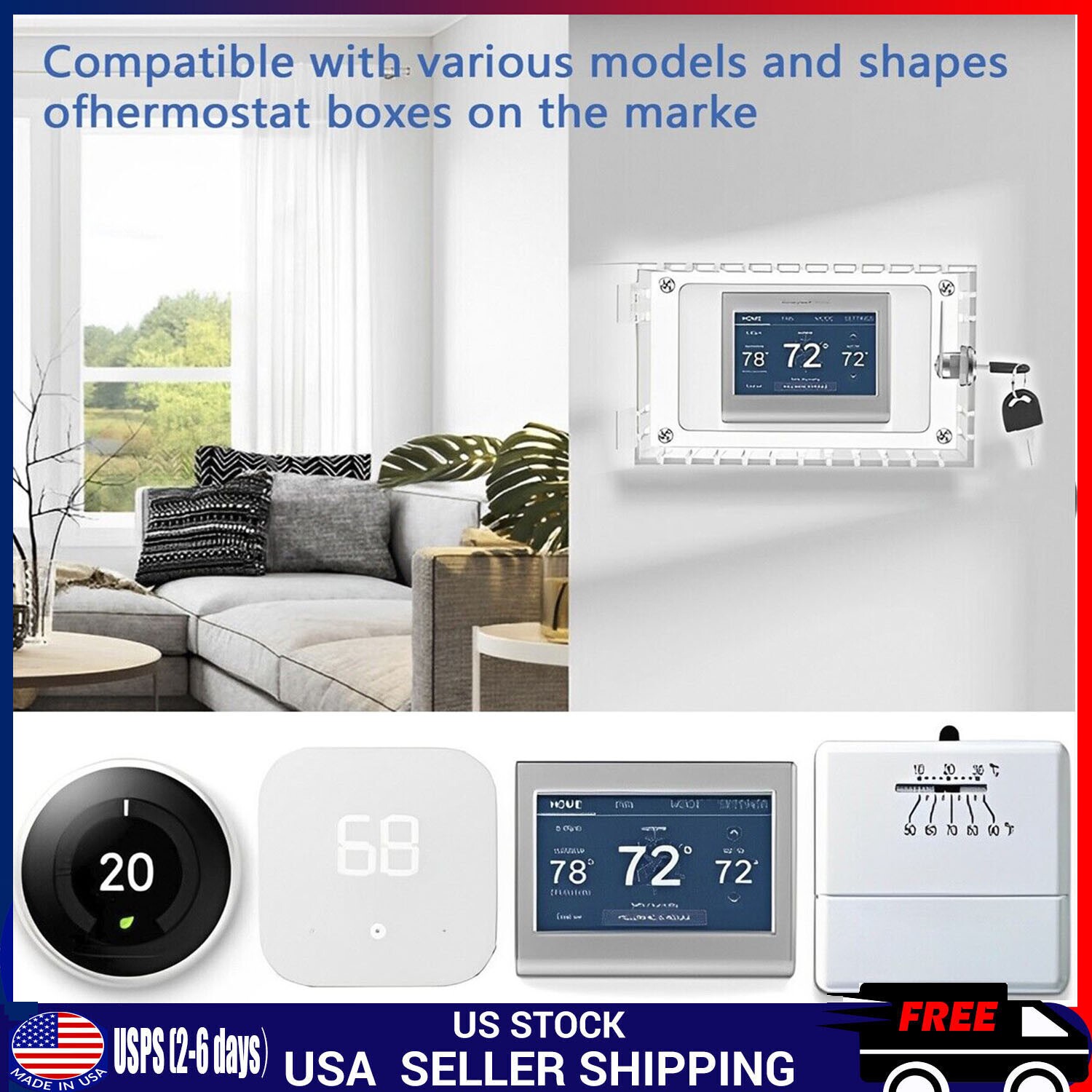 Secure Thermostat Guard Clear Cover Lock Box with 2 Keys for Enhanced Security