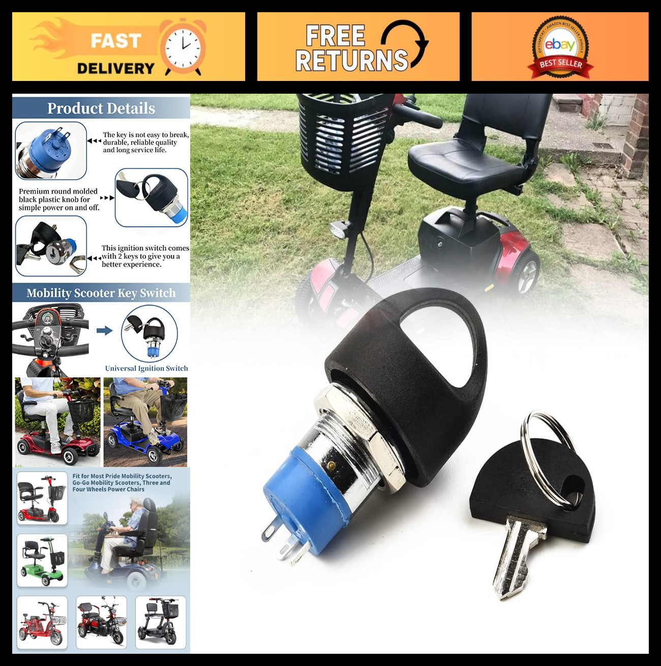 Replacement Ignition Switch with 2 Keys for Mobility Scooter - On/Off Switch