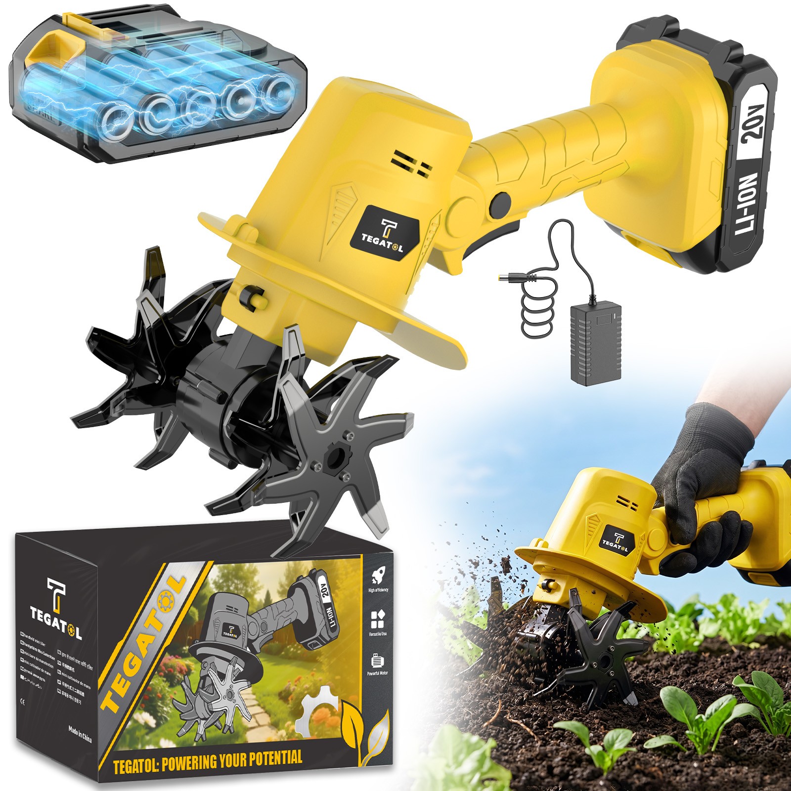 Cordless Tiller Cultivator, Electric Garden Tiller, Handheld Tiller Cultivator