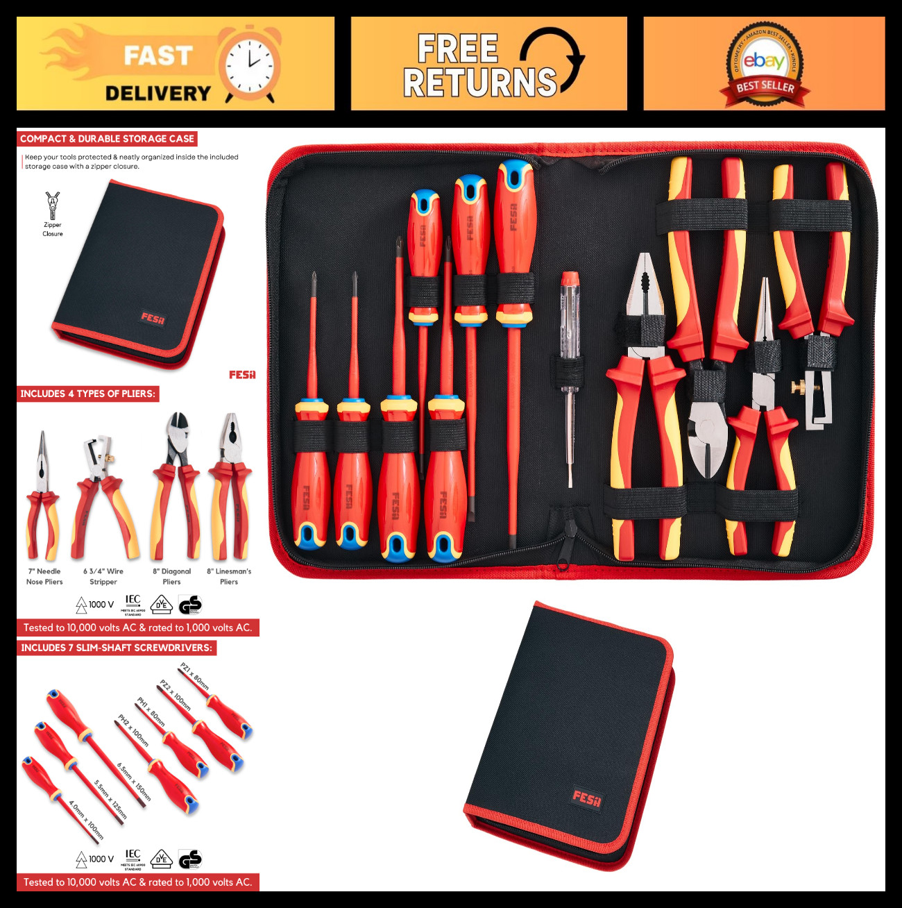 12-Piece Insulated Electrician Tool Set - 1000V Screwdrivers, Pliers & Voltage T