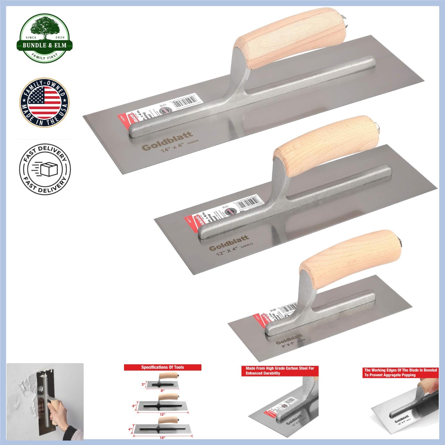 Durable Finishing Trowel Set, Carbon Steel Blades for Smoothing and Polishing