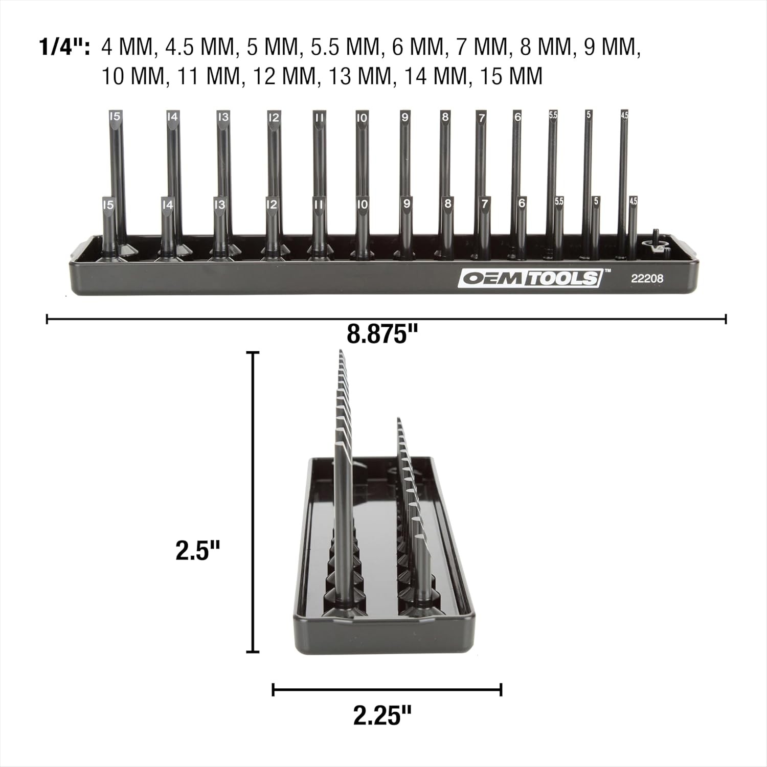22208 1/4 Metric Socket Organizer Deep/Shallow Sockets, Labeled PostsSize: 1/4"