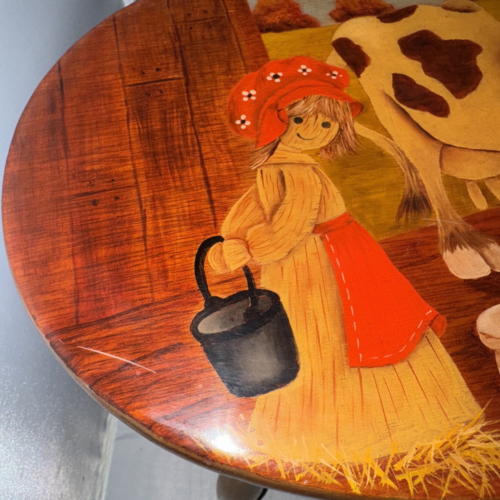 Vntg Hand Painted Milking /Kids Stool, Barn, Girl And a Cow Clear Lacquer (F)