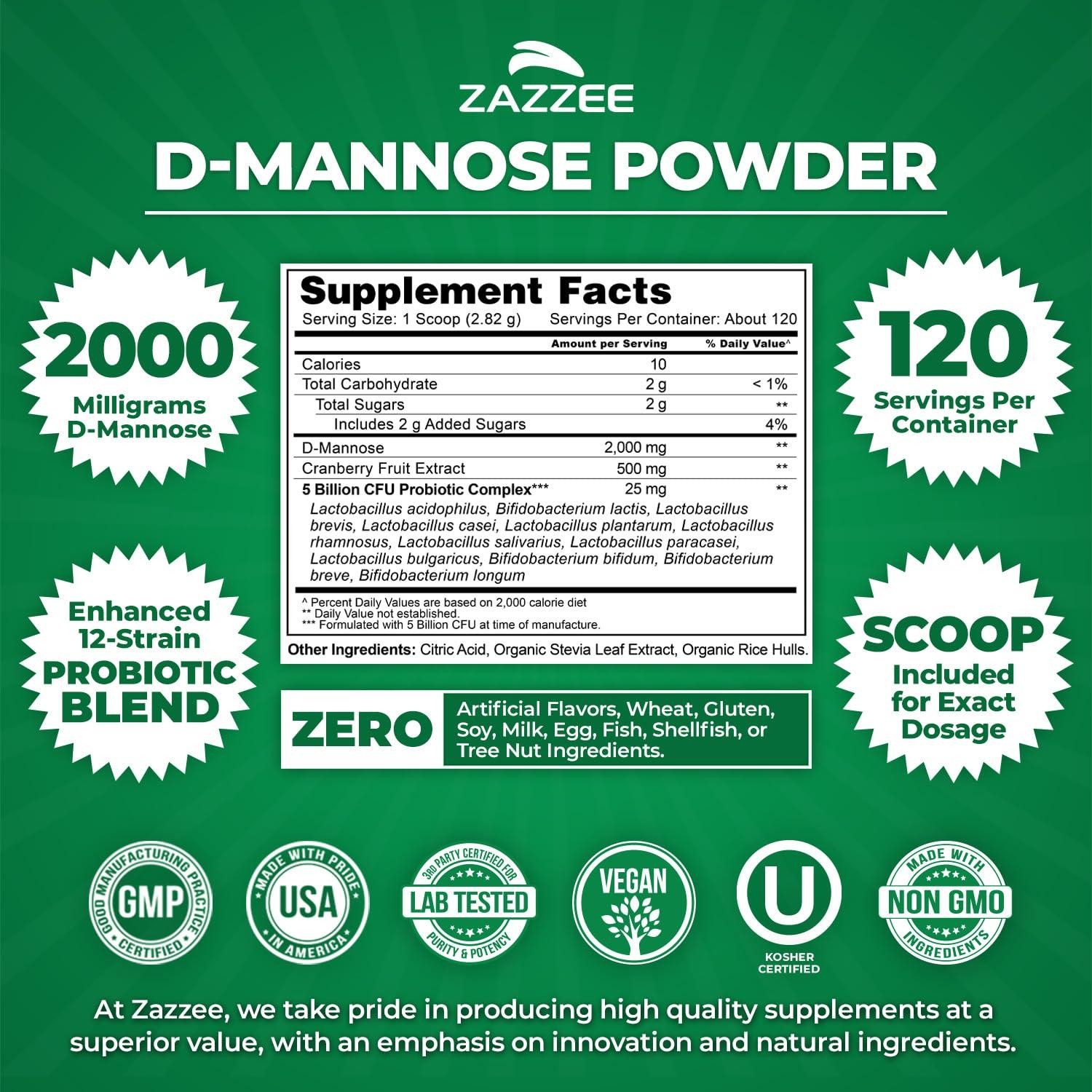D-Mannose Powder Plus, 2000 mg, 120 Servings, Potent & Fast-Acting, Kosher