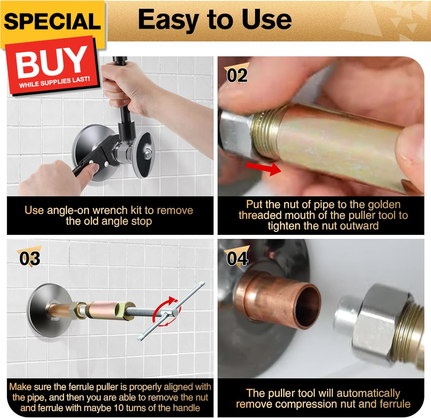 3 in 1 Plumbing Tools Angle Stop Wrench Kit with Compression Sleeve Puller Tool,