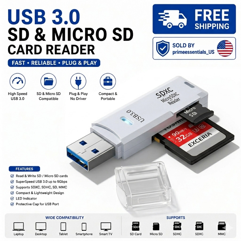 USB 3.0 SD Micro SD Card Reader Adapter High Speed Memory Card Reader US