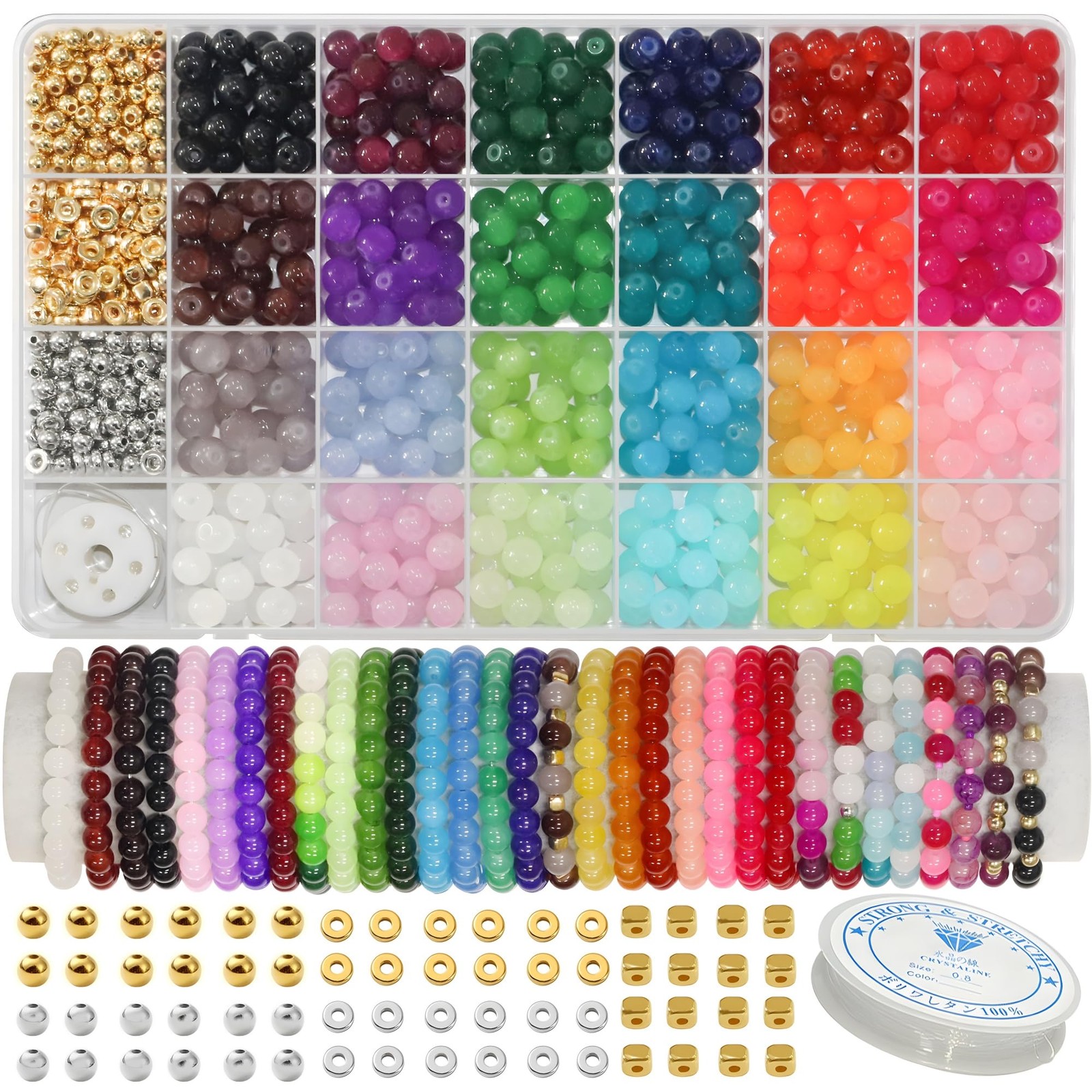 JULIMAIDONG 8mm Glass Beads for Bracelets 1000pcs, 24 Adjustable, 8MM 24Color