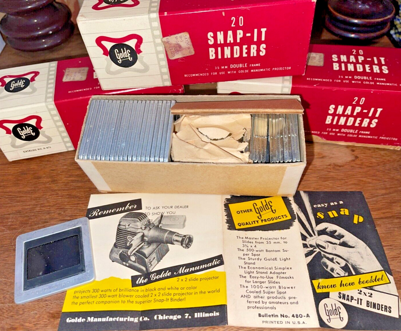 RARE 1940's NOS LOT 3 BOXES GOLDE SNAP-IT 2" X 2" 35mm SLIDE BINDERS W/BROCHURE