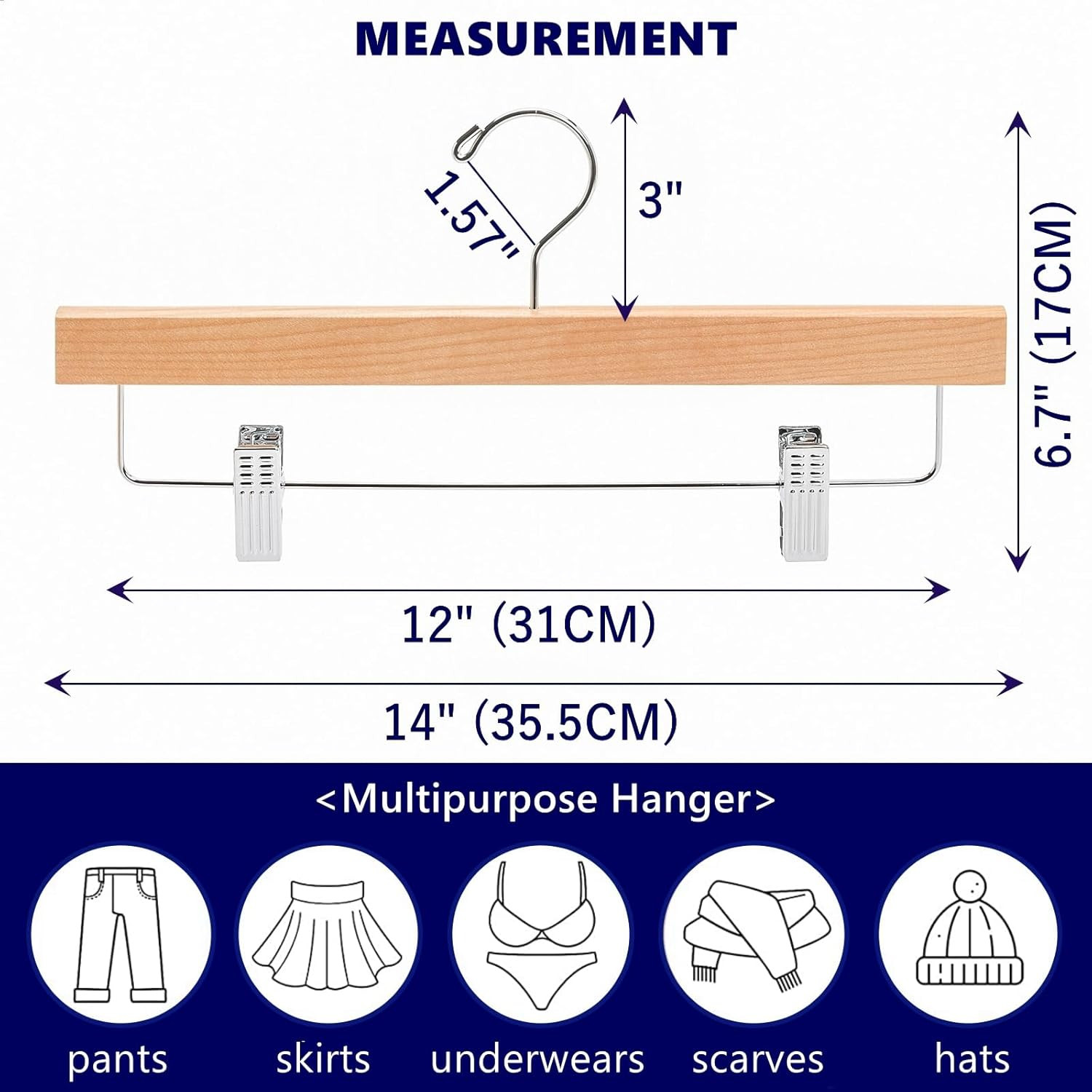 Natural Wooden Pant & Skirt Hangers with Adjustable Clips, 10 Pack