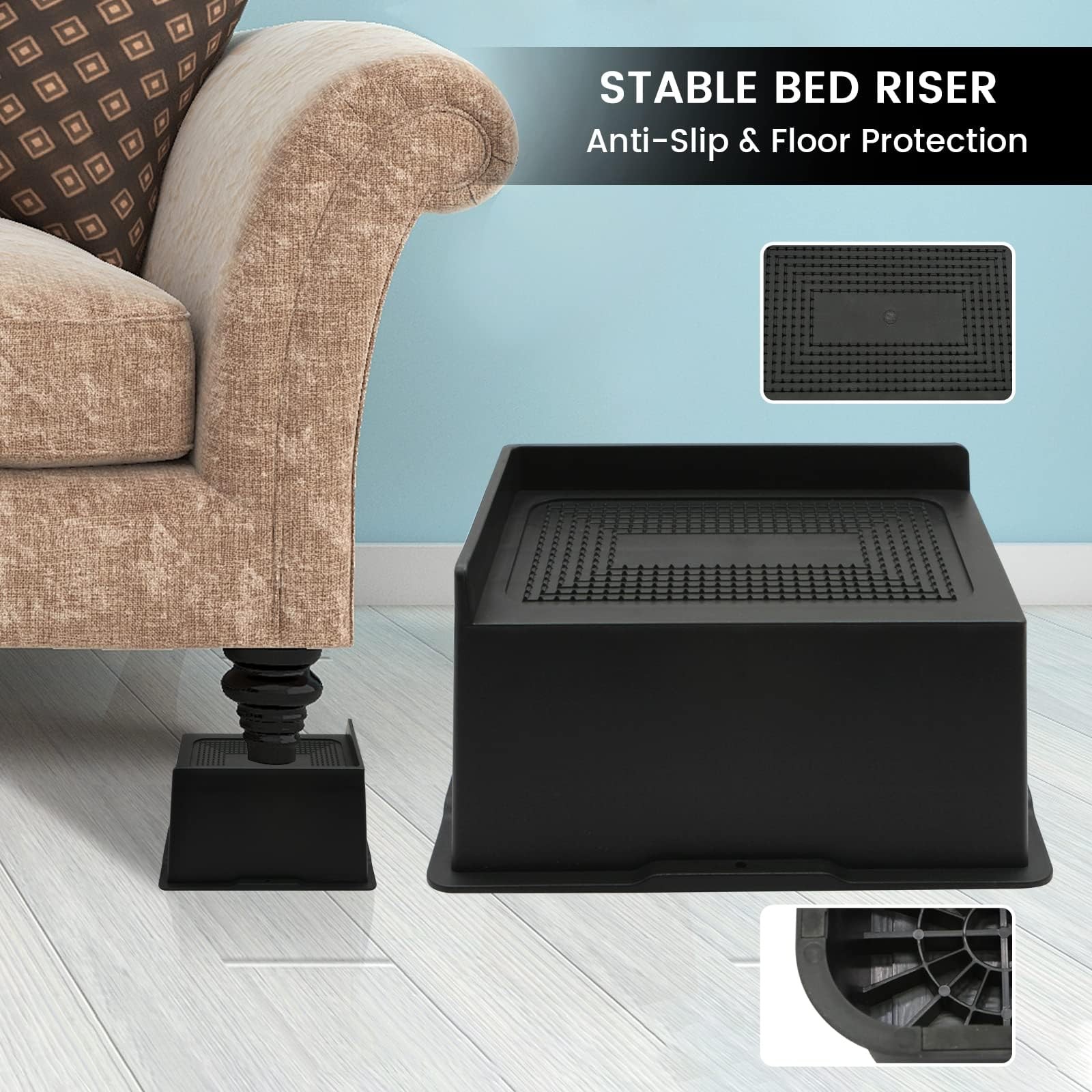 6 Pack Bed Risers 4 Inch Heavy Duty Oversized Support 6000 Lbs Black Lift