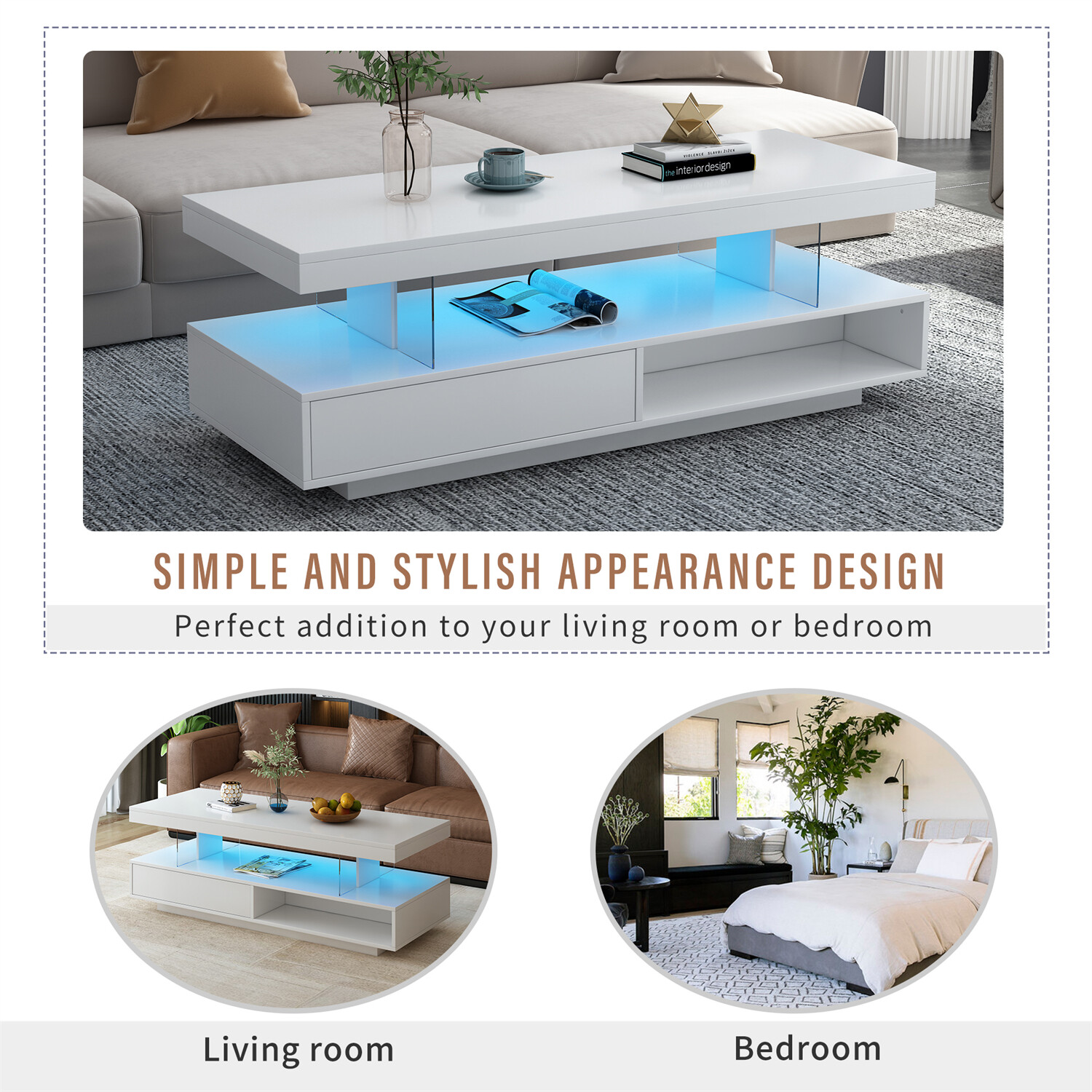 High Gloss LED Coffee Table Modern Side End Table w/ LED Lights & 2 Drawers US