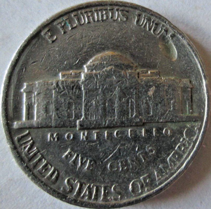 1988-D JEFFERSON, REVERSE STRUCK THRU GREASE/FOREIGN MATTER AT M, VF, CIRCULATED