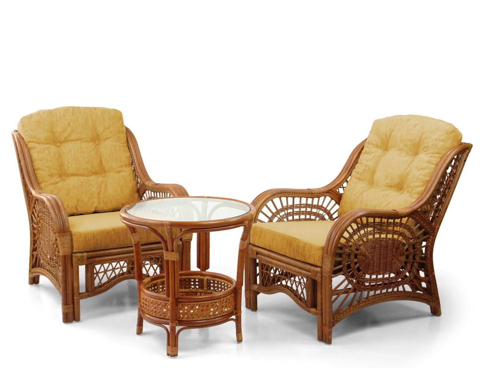 Malibu Living Set of 2 Lounge Chairs Rattan ECO and Coffee Table w/Glass, Cognac