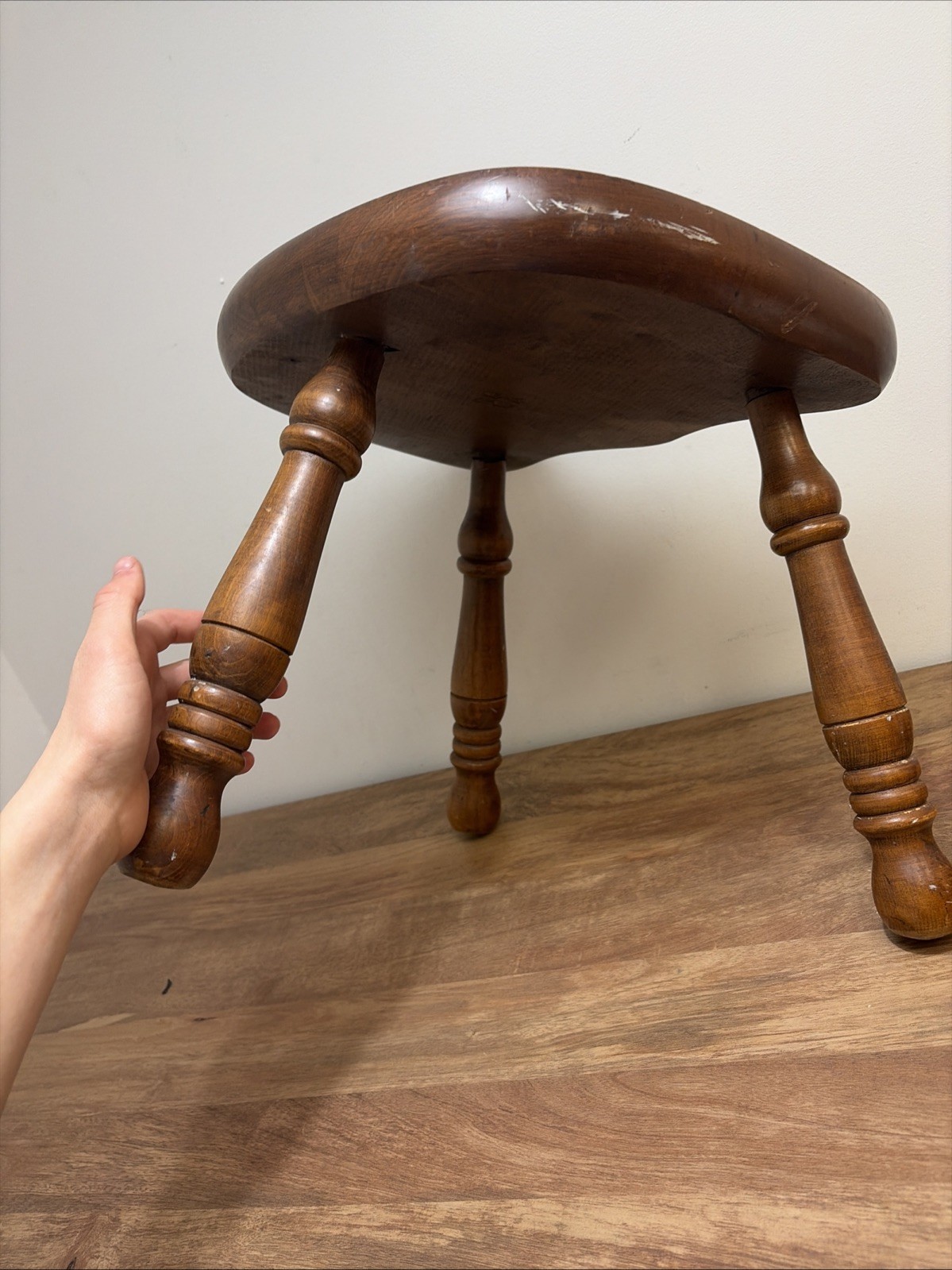 Vintage 3 Leg Maple Milking Stool #R82A Solid Wood Butt Or Saddle Seat Stool