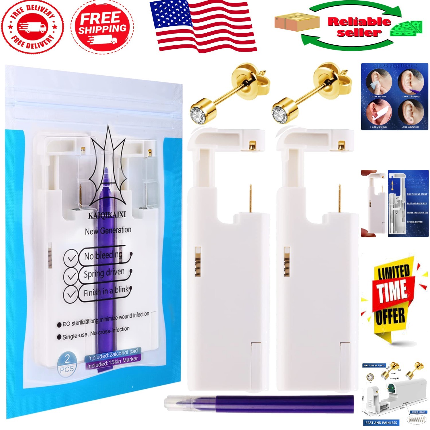 Effortless Painless Ear Piercing Set - Automatic Gold 4mm Stubs (2 Pieces)