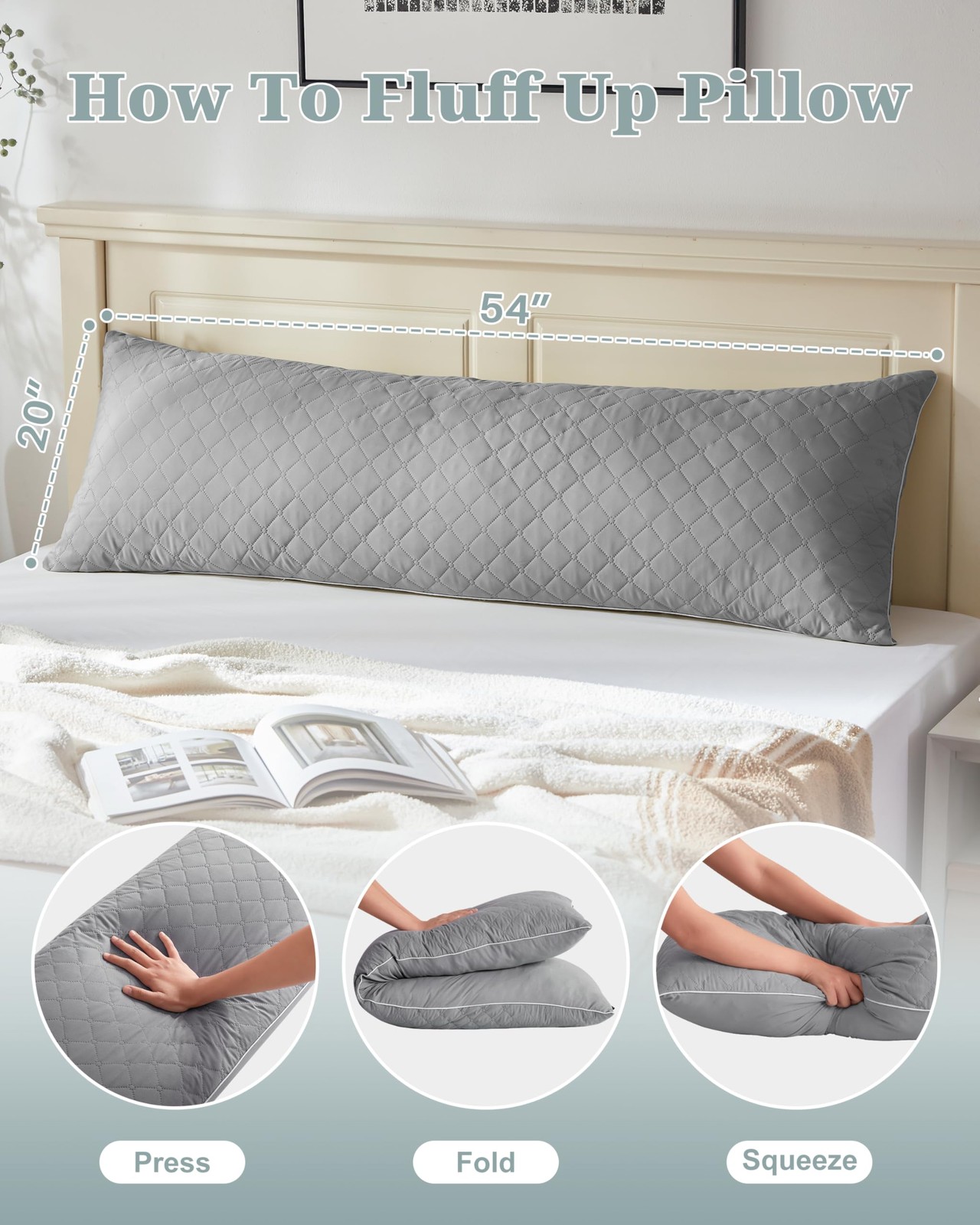 Long Body Pillow Shredded Memory Foam Adjustable Support For Side Sleepers Grey