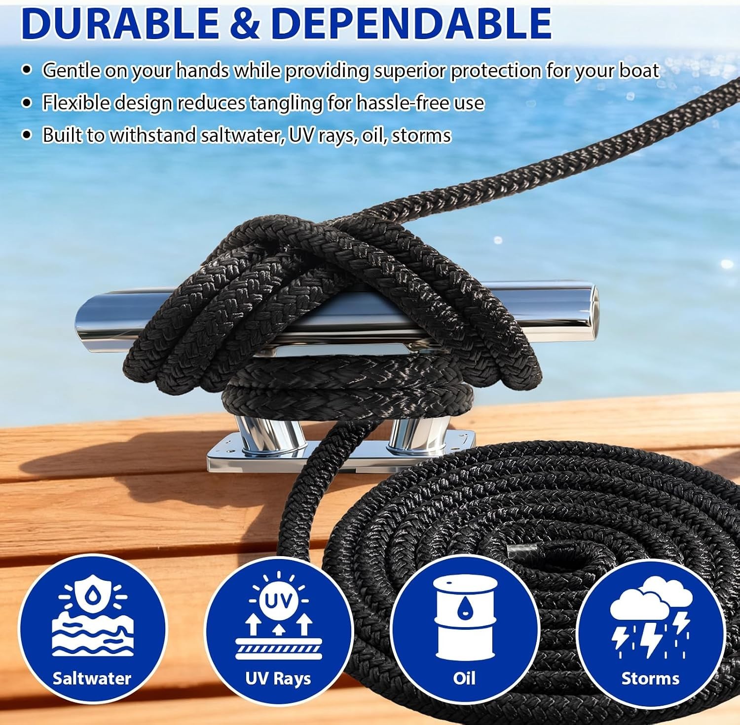 Durable Double Braided Nylon Dock Lines with Pre-Spliced Loop - 40ft Total