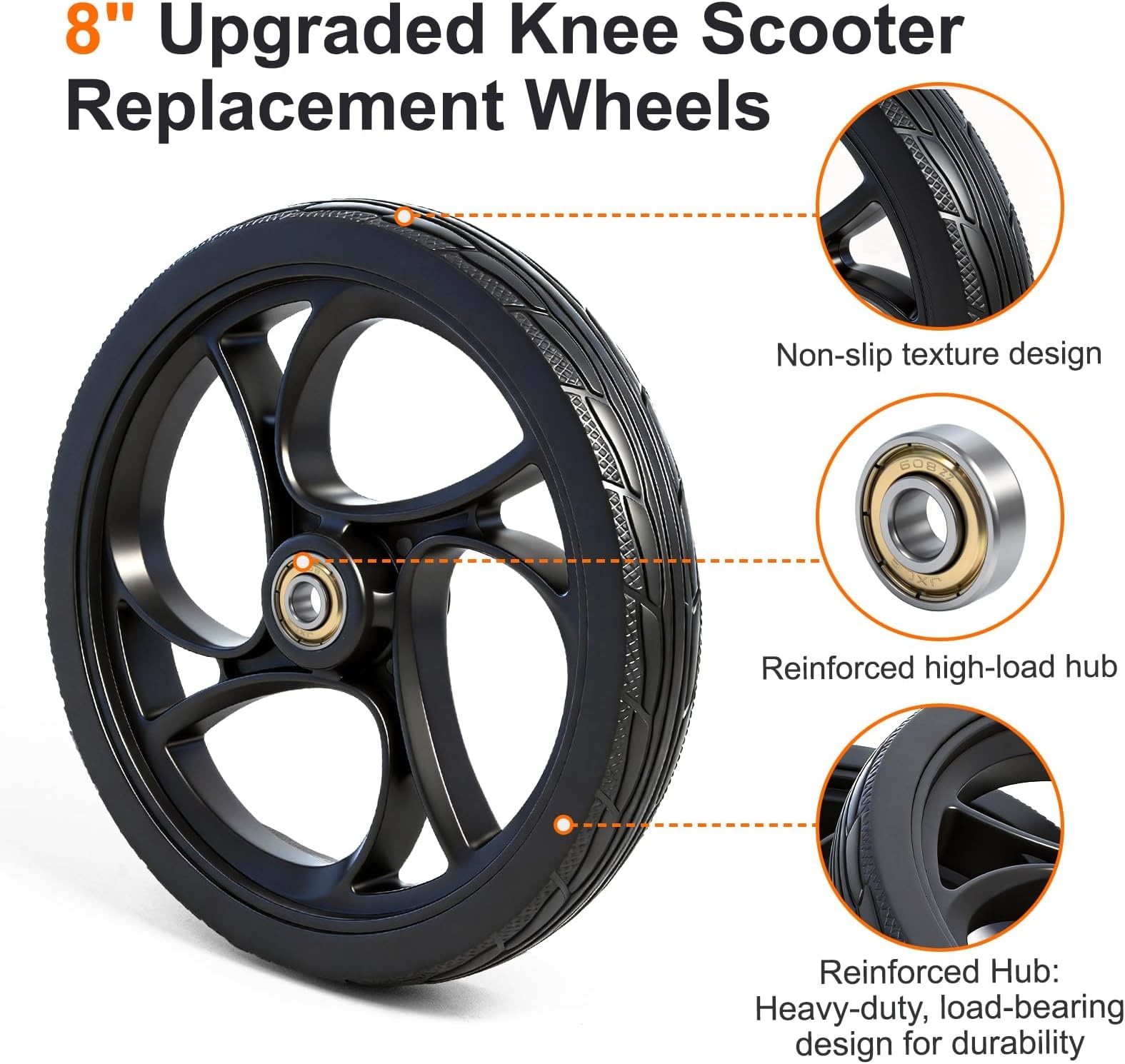 BlessReach 2PCS 8 Inch Walker Wheel, 5/16" (8 mm) Bearing Solid Replacement W...