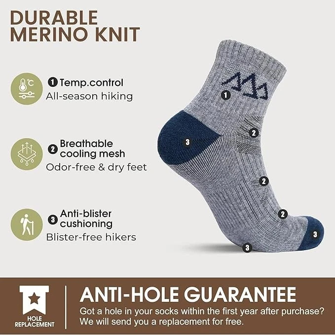 Merino Wool Hiking Socks for Men & Women, Quarter Ankle Compression Thick 5 Pair