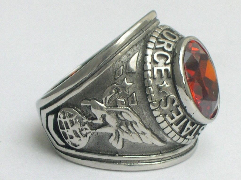 Stainless Steel United States Air Force Military Garnet Stone Men Ring Size 7-15