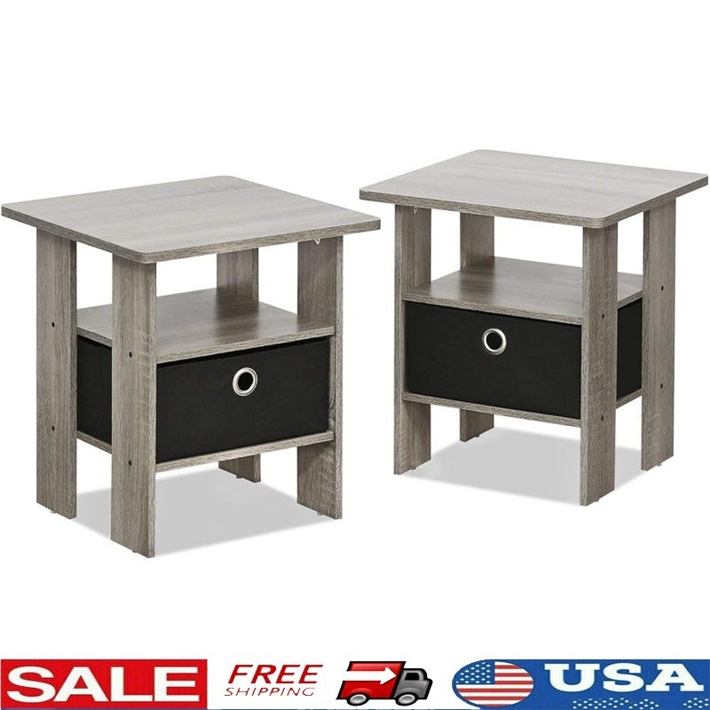 Modern Side Table Set of 2 End Tables W/ Open Shelves Storage Bin Organization