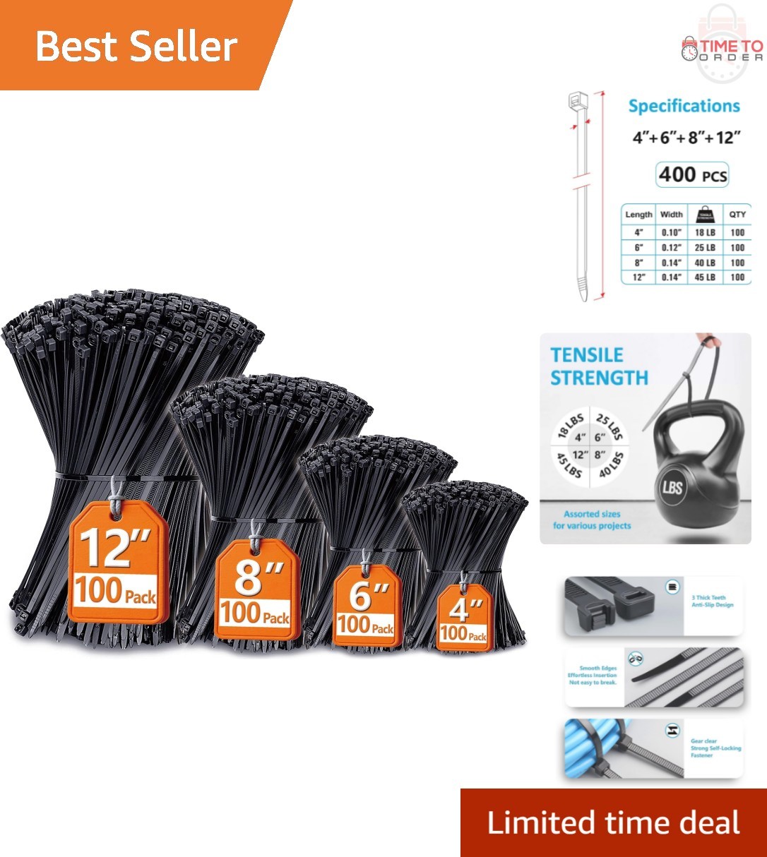 Nylon Zip Ties Assorted Sizes 4-12 Inches 400 Pack UV Resistant for Indoor Ou...