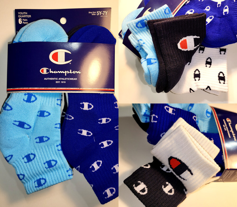 Champion Script 6 Pair Quarter Socks Blue/Black/White - Men’s Small 9-11 / 5Y-7Y