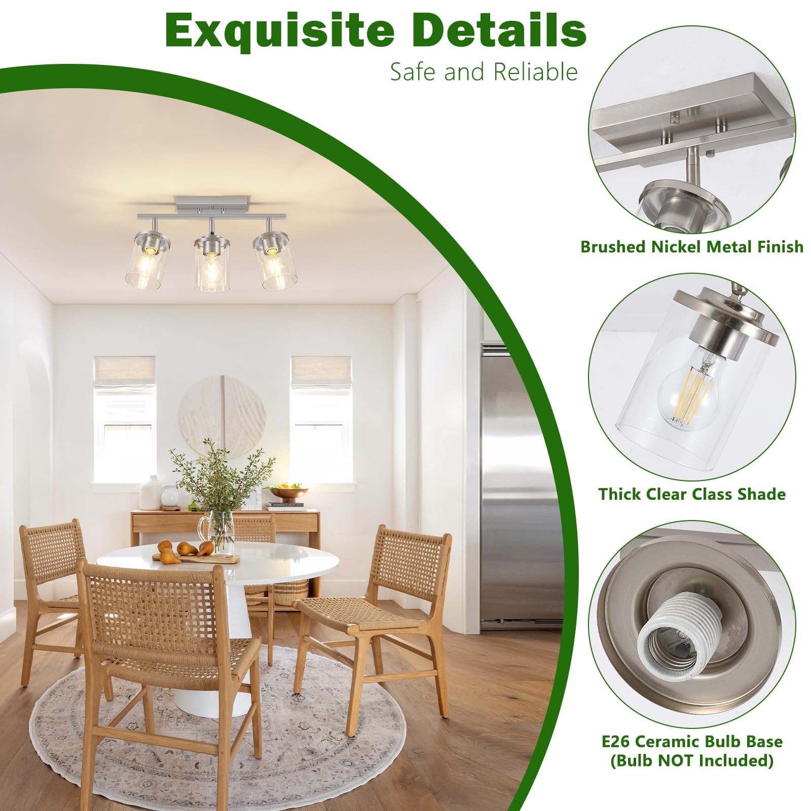 FadimiKoo 3-Lights Kitchen Light Fixtures Ceiling 3-Lights, Brushed Nickel