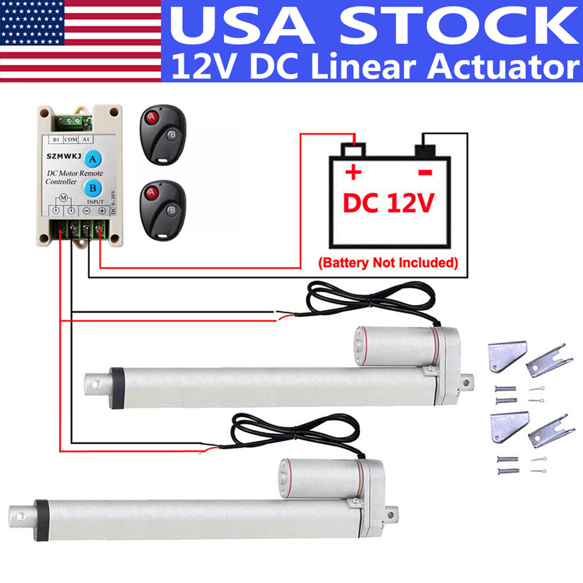 2 Dual DC 12V Electric Linear Actuator W/ Wireless Motor Controller Brackets Set