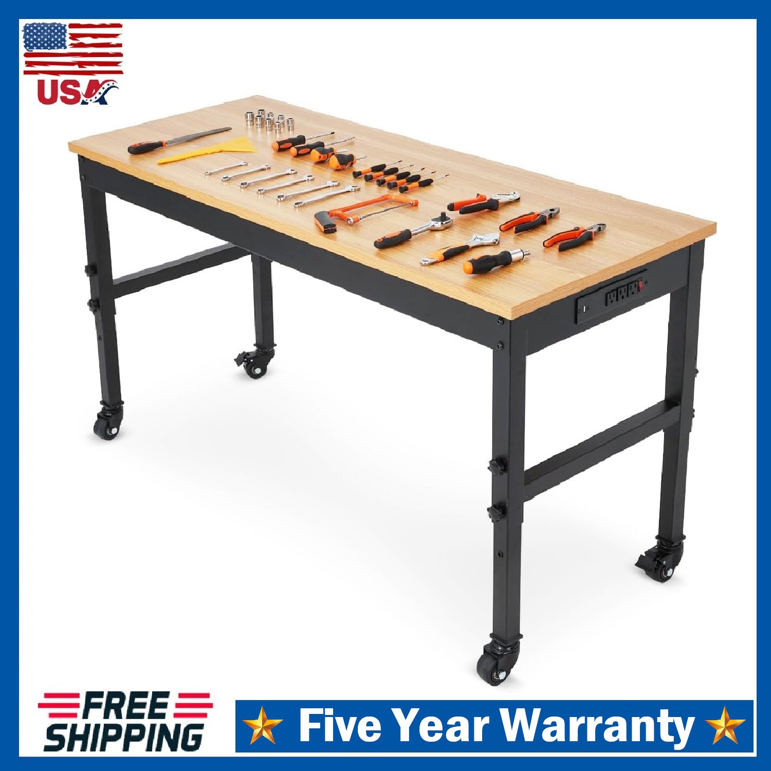 60" Workbench Adjustable Height Work Table with Wheels ,2500 LBS Rubber Wood Top