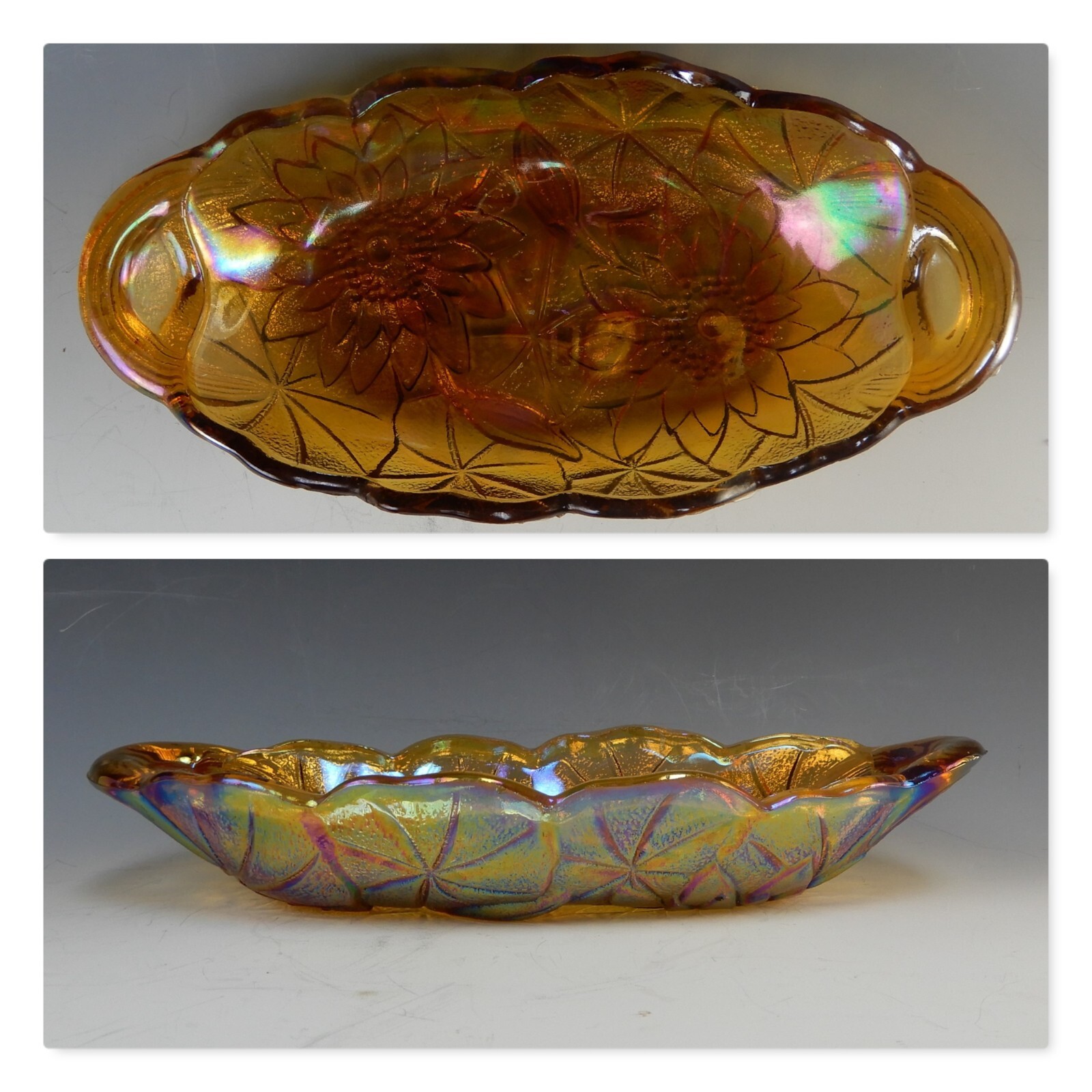 Vintage Indiana Amber Carnival Glass Lily Pons Celery Dish
