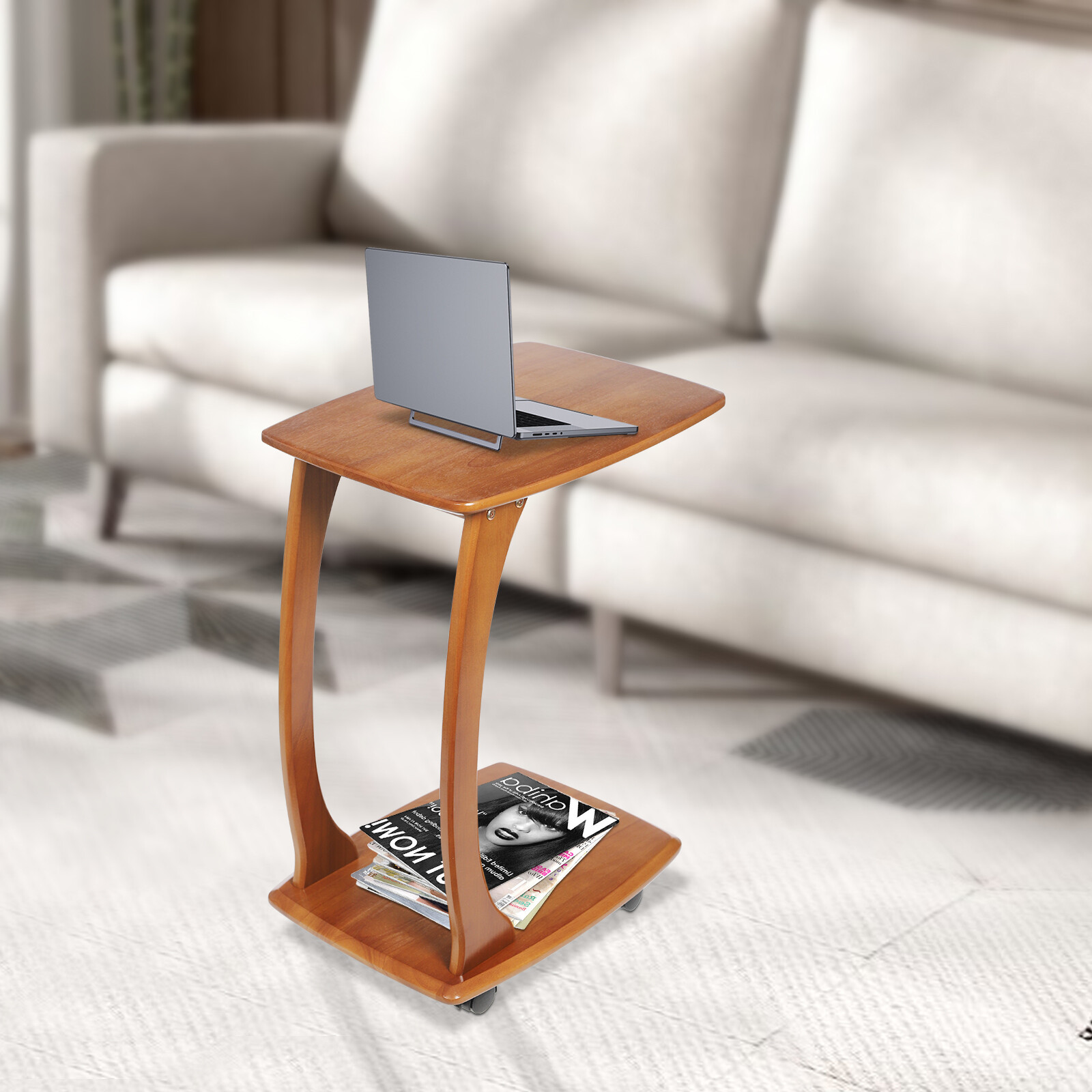 C-Shaped Side Table Floor Standing Solid Wood End Table With Wheels 24.8 inches