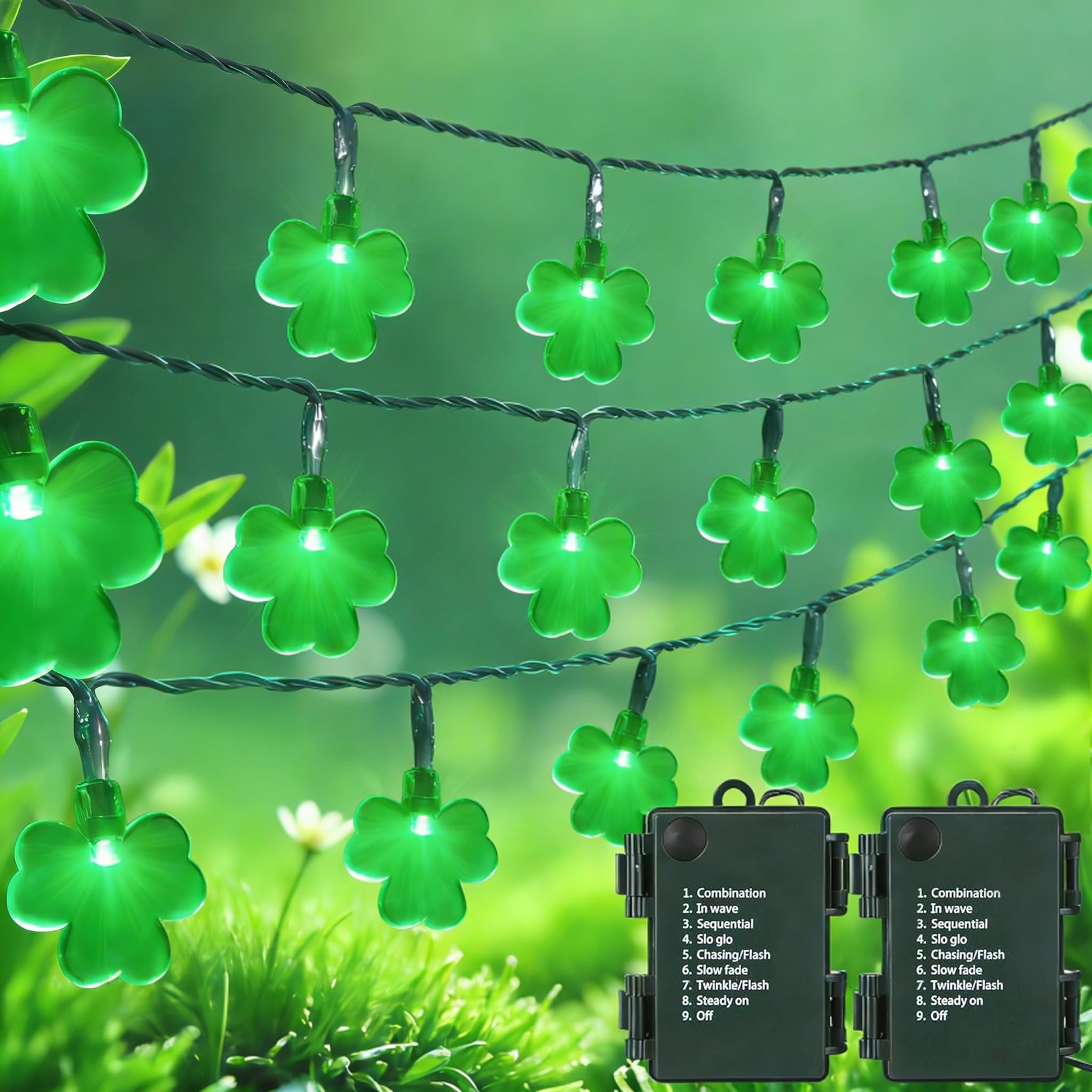 2 Sets Shamrock String Lights, Total 32.8ft 100 LED Green St Patricks Day Lig...