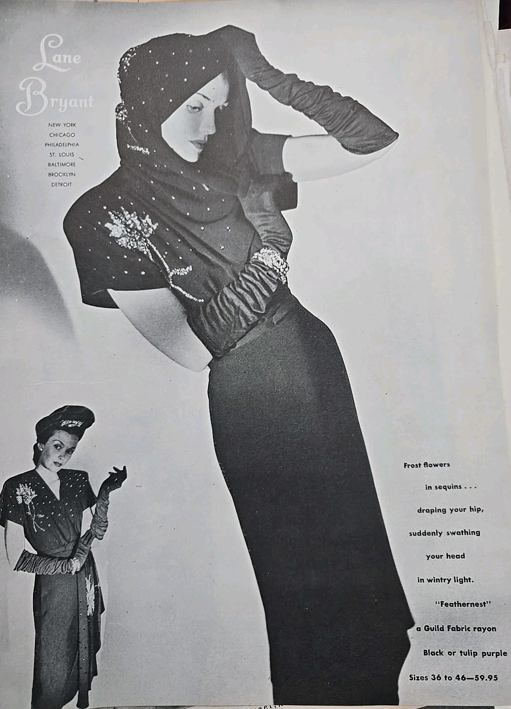 1946 Women's Lane Bryant frost flowers sequins black dress Vintage fashion Ad