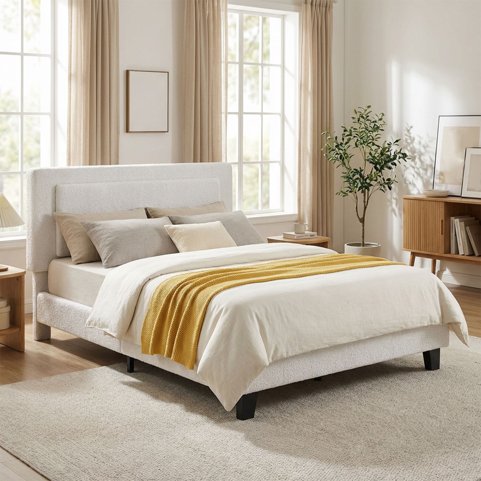 Bed Frame Full Size Upholstered Bed Frame with Adjustable Headboard Solid Wood