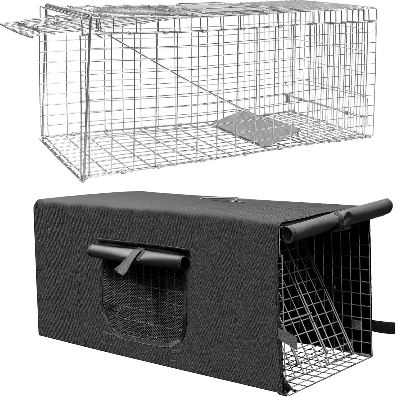 41.7" Live Animal Traps Cage with Cover, Large Foldable Humane Animal Trap for S