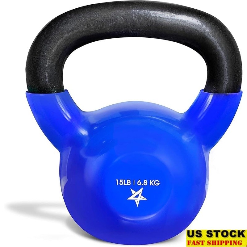 Cast Iron Kettlebell Durable Vinyl Coated Smooth Handle Flat Bottom Stability US