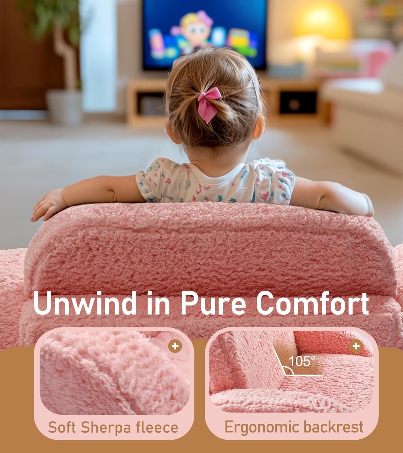 2-in-1 Sherpa Fold Out Kids Couch Extra Wide Comfy Toddler Chair Convertible
