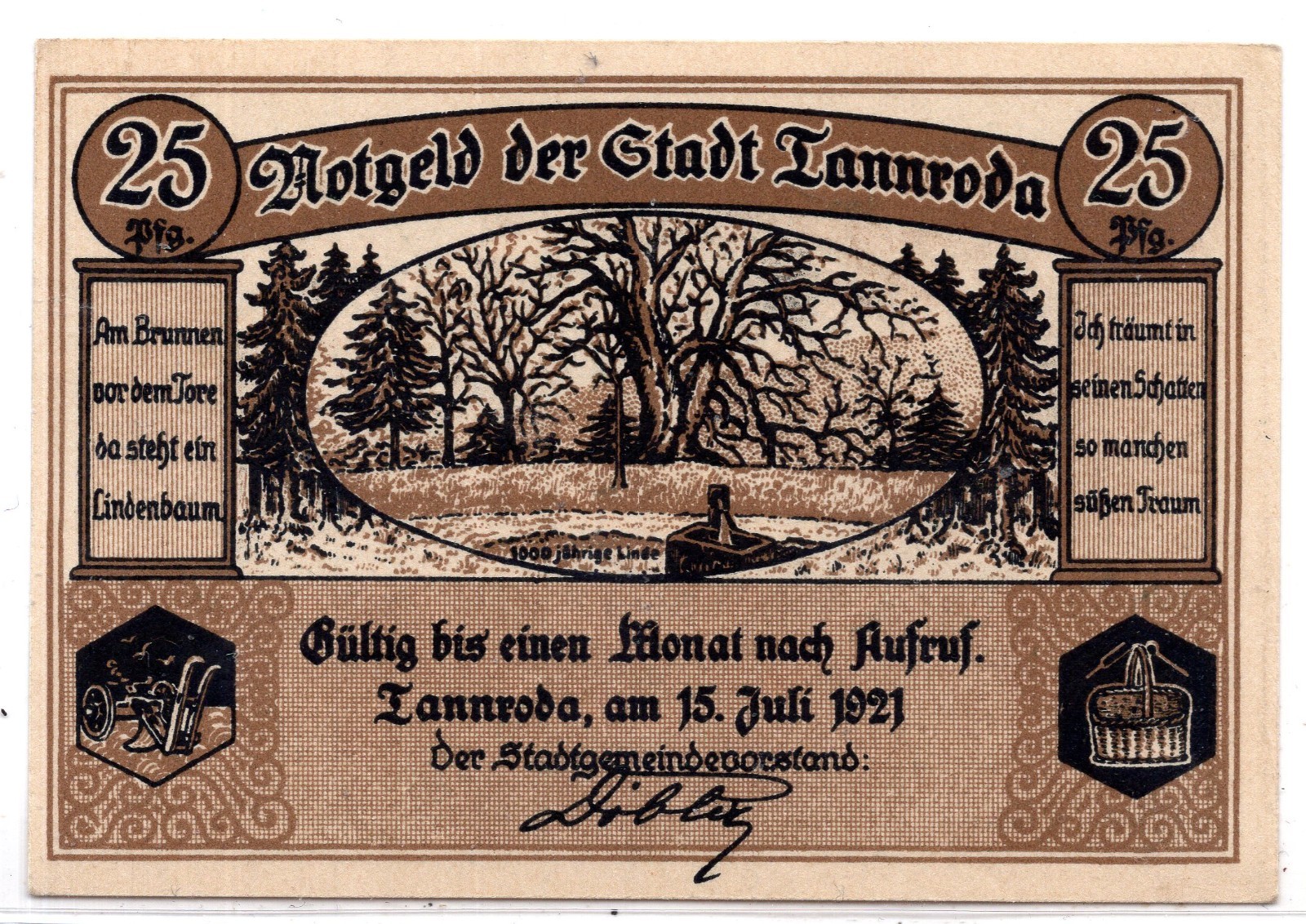 1921 Germany Tannroda Notgeld 25 Pfennig Note (2175)