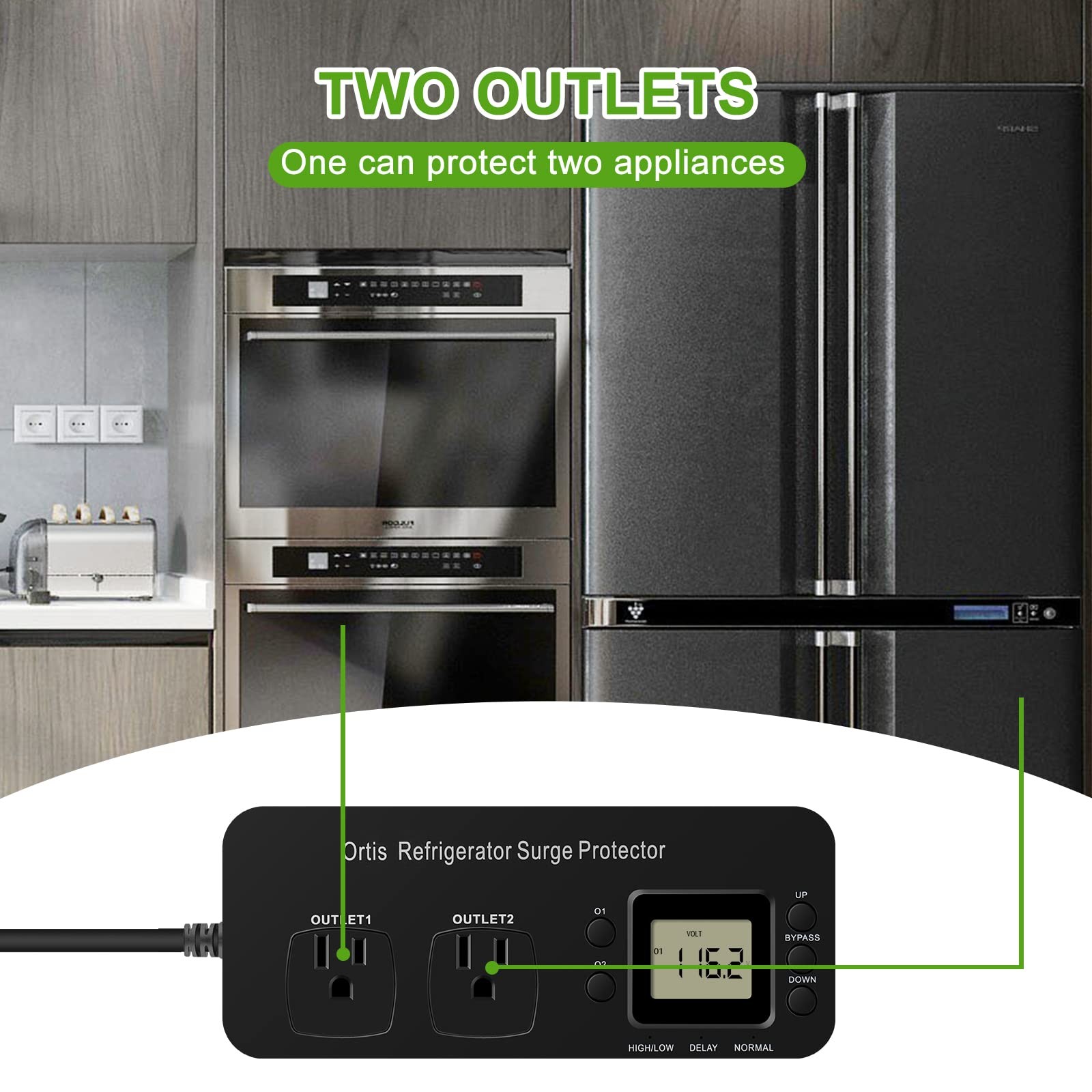 Refrigerator Surge Protector, Ortis Double Outlet Electronic black