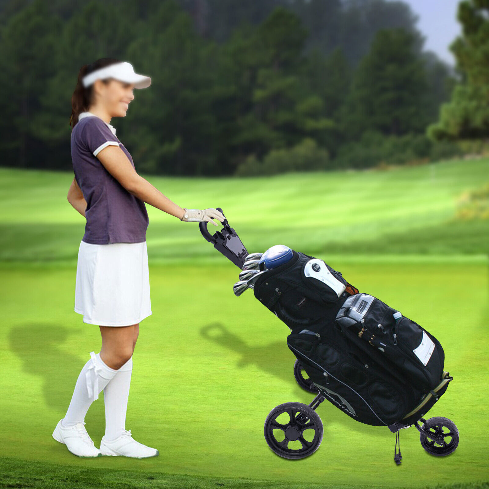 Folding Golf Walking Push Cart 3 Wheel Golf Push Cart Roller Golf Bag Holder New