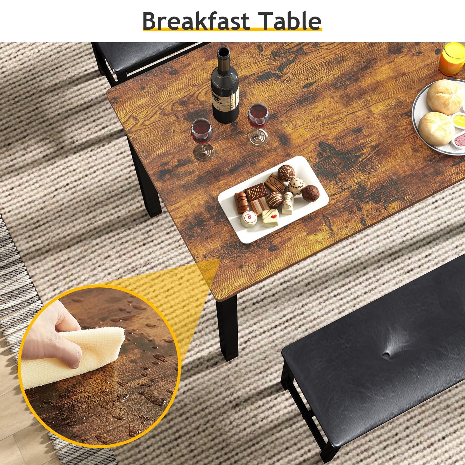 Dining Room Table Bench Set for 4, Modern Space Saving Kitchen Table with wit...