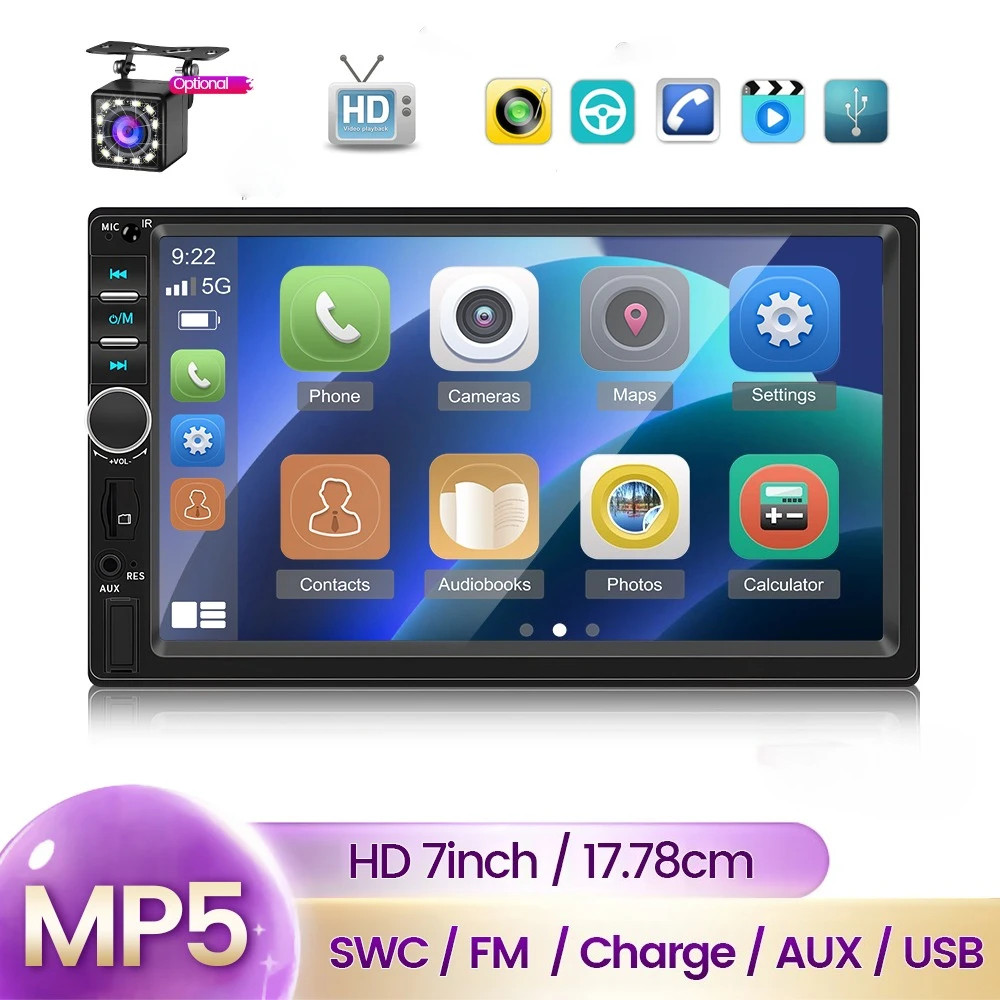 7" Double 2 DIN Car MP5 Player Bluetooth Touch Screen Stereo Radio With Camera'