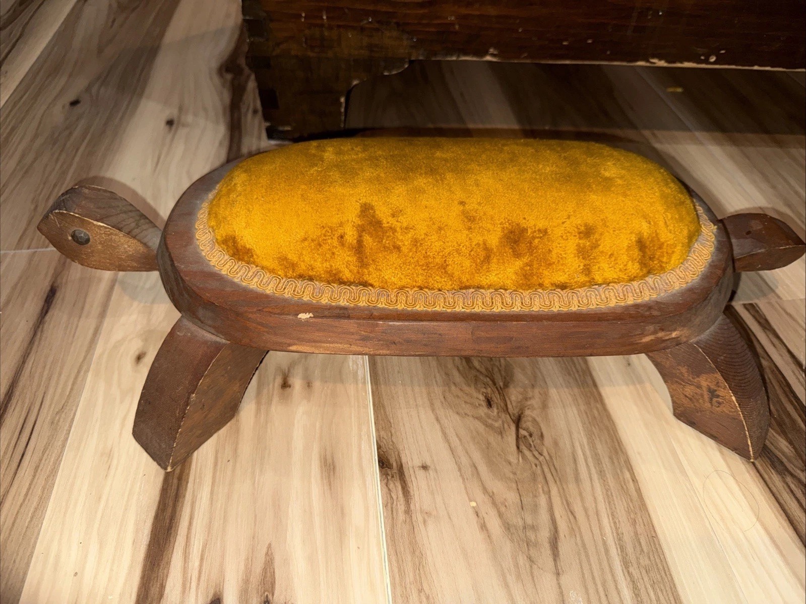Vintage Wooden Turtle Upholstered Footstool Ottoman 19”x7”x4”