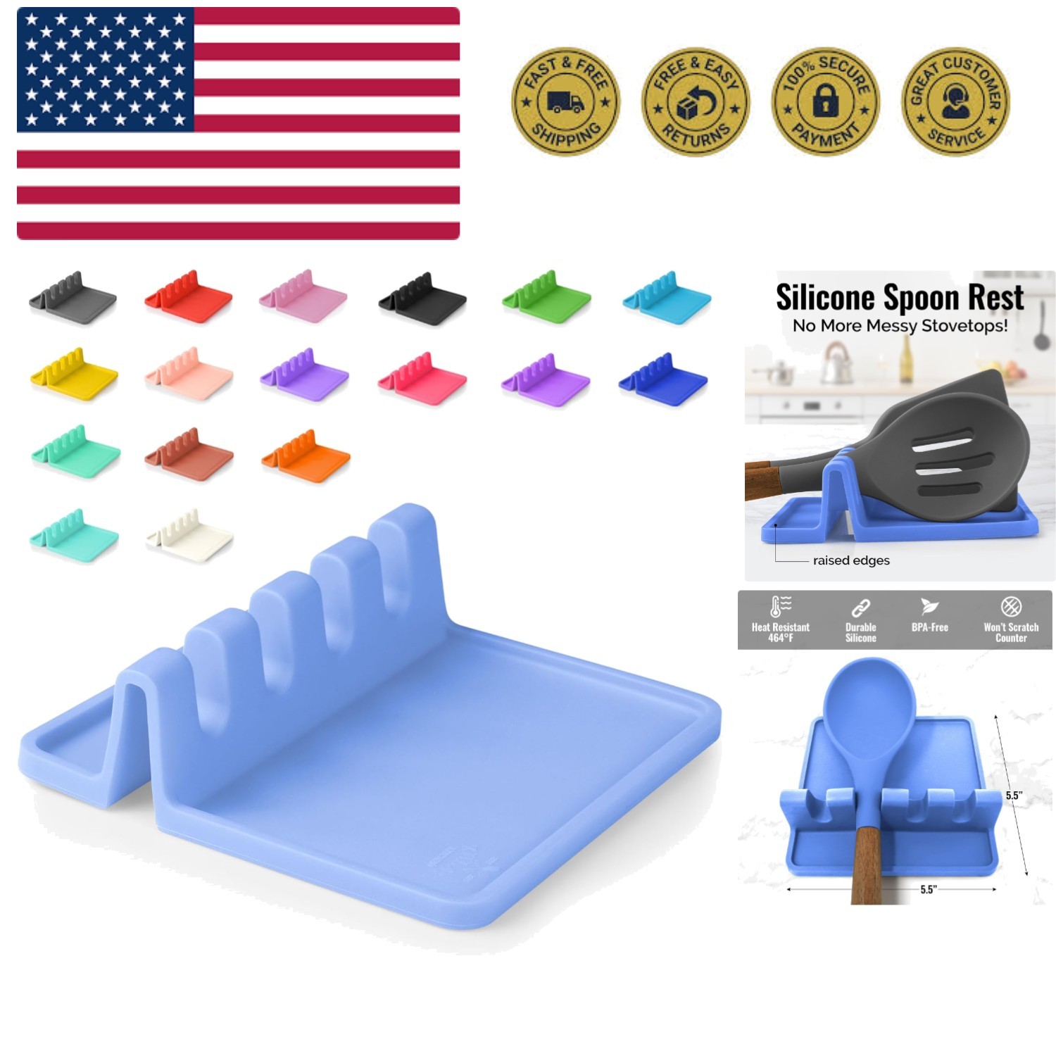 Silicone Utensil Rest with Drip Pad for Multiple Utensils - BPA-Free, Heat-Re...